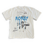 White t-shirt with graphic design and text on a white background