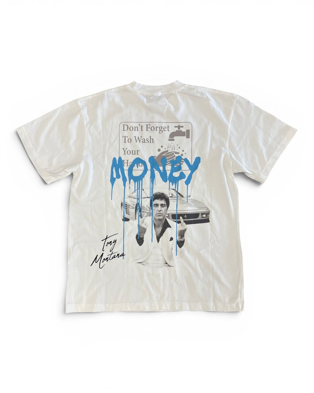White t-shirt with graphic design and text on a white background