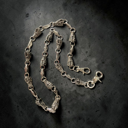 Silver WALLET chain on a dark textured background