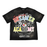 Black t-shirt with colorful graphics and text on a white background