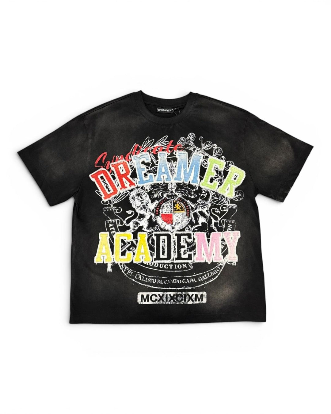 Black t-shirt with colorful graphics and text on a white background