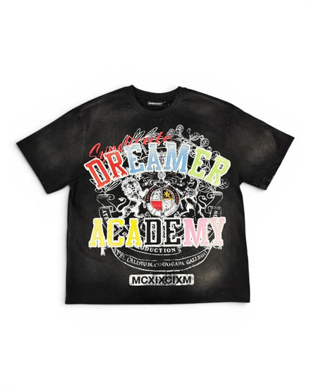 Black t-shirt with colorful graphics and text on a white background
