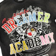 Black t-shirt with colorful graphics and text on a white background