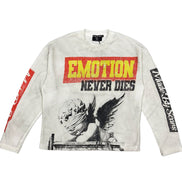 Long-sleeve shirt with graphic design and text on a white background