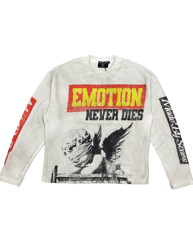 Long-sleeve shirt with graphic design and text on a white background