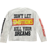 Long-sleeve shirt with motivational text on a white background