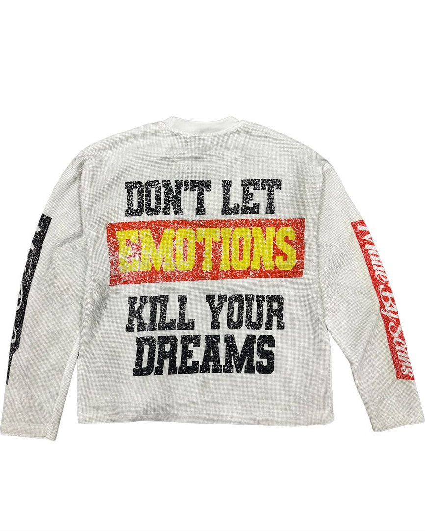 Long-sleeve shirt with motivational text on a white background