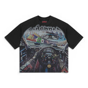 Black t-shirt with a detailed graphic of a race car interior on a white background