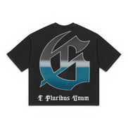 Black t-shirt with a large logo on the back against a white background