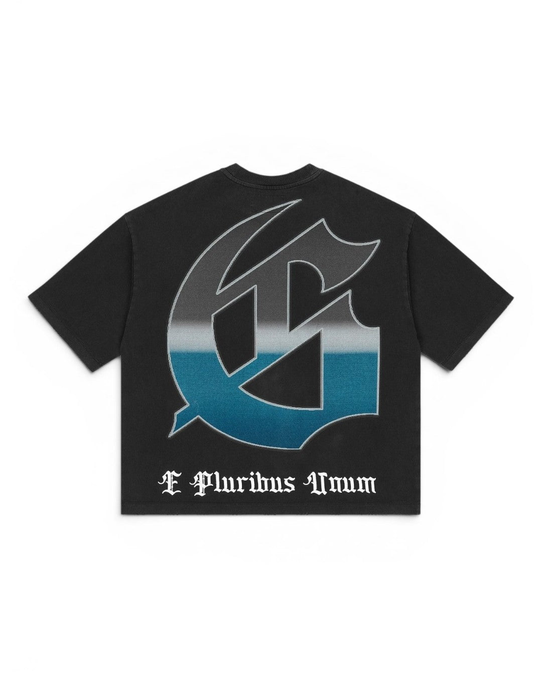 Black t-shirt with a large logo on the back against a white background