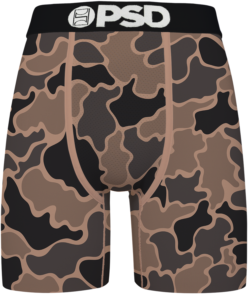 Camouflage-patterned briefs with 'PSD' branding on a white background