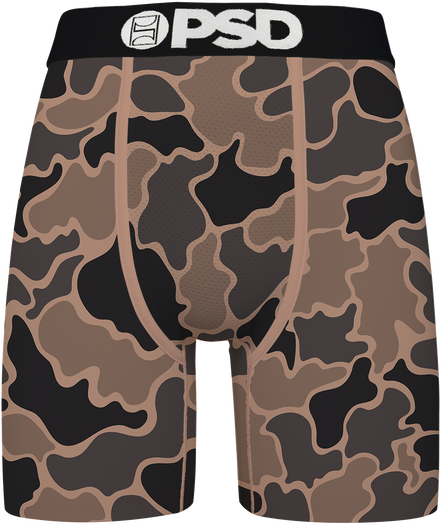 Camouflage-patterned briefs with 'PSD' branding on a white background
