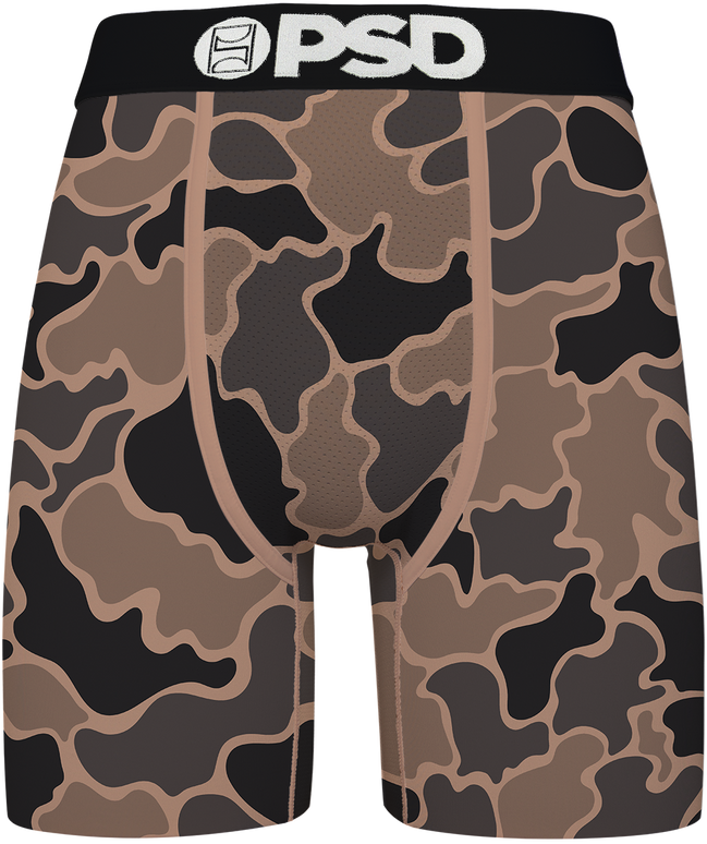 Camouflage-patterned briefs with 'PSD' branding on a white background