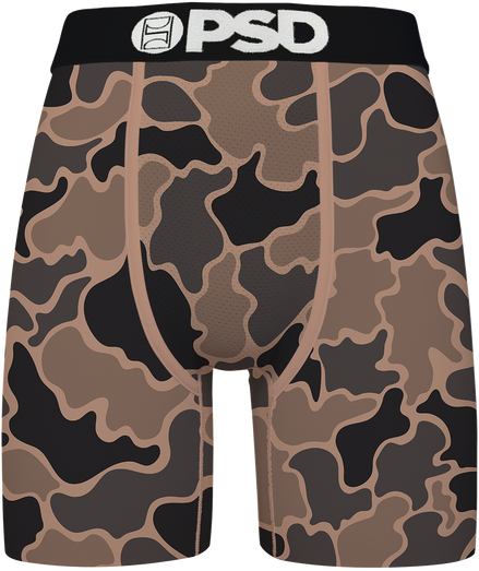 Camouflage-patterned briefs with 'PSD' branding on a white background