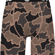 Camouflage-patterned underwear with brand logos on a white background