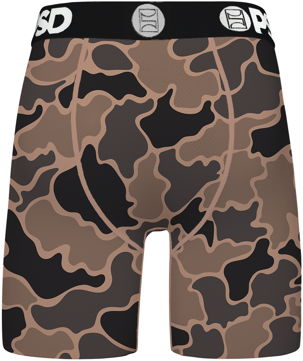 Camouflage-patterned underwear with brand logos on a white background