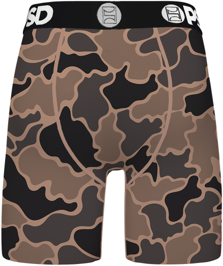 Camouflage-patterned underwear with brand logos on a white background