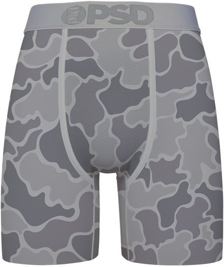 Gray camouflage-patterned underwear with 'PSD' branding on a white background