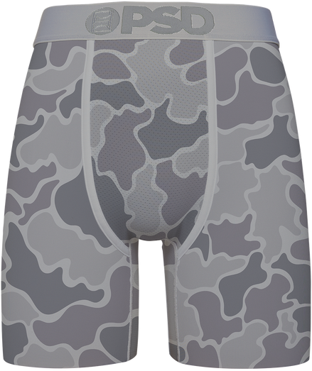 Gray camouflage-patterned underwear with 'PSD' branding on a white background