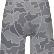 Gray camouflage patterned boxer briefs on a white background