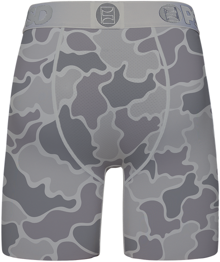 Gray camouflage patterned boxer briefs on a white background