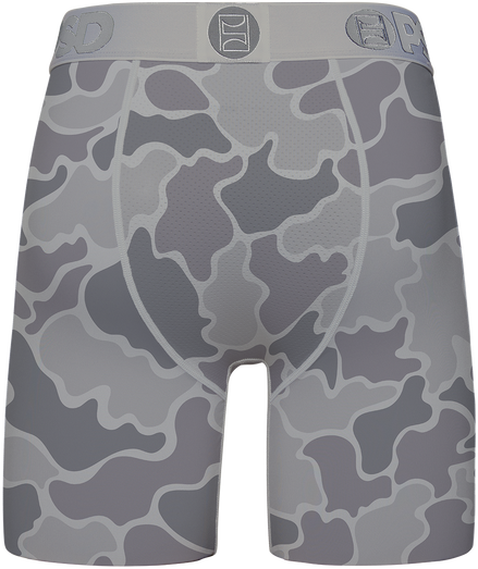 Gray camouflage patterned boxer briefs on a white background