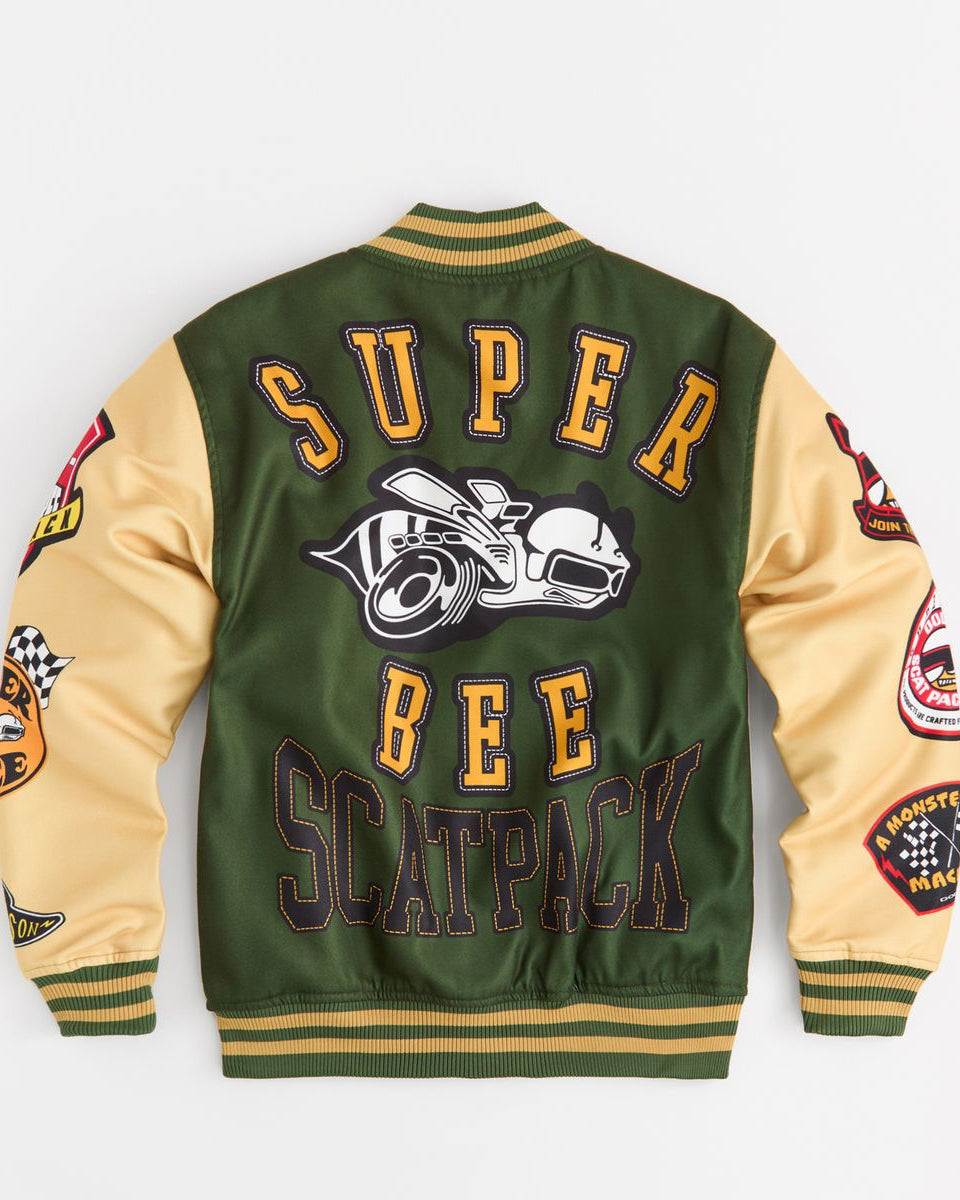 Green and beige varsity jacket with 'Super Bee Scatpack' text and motorcycle graphic on a white background