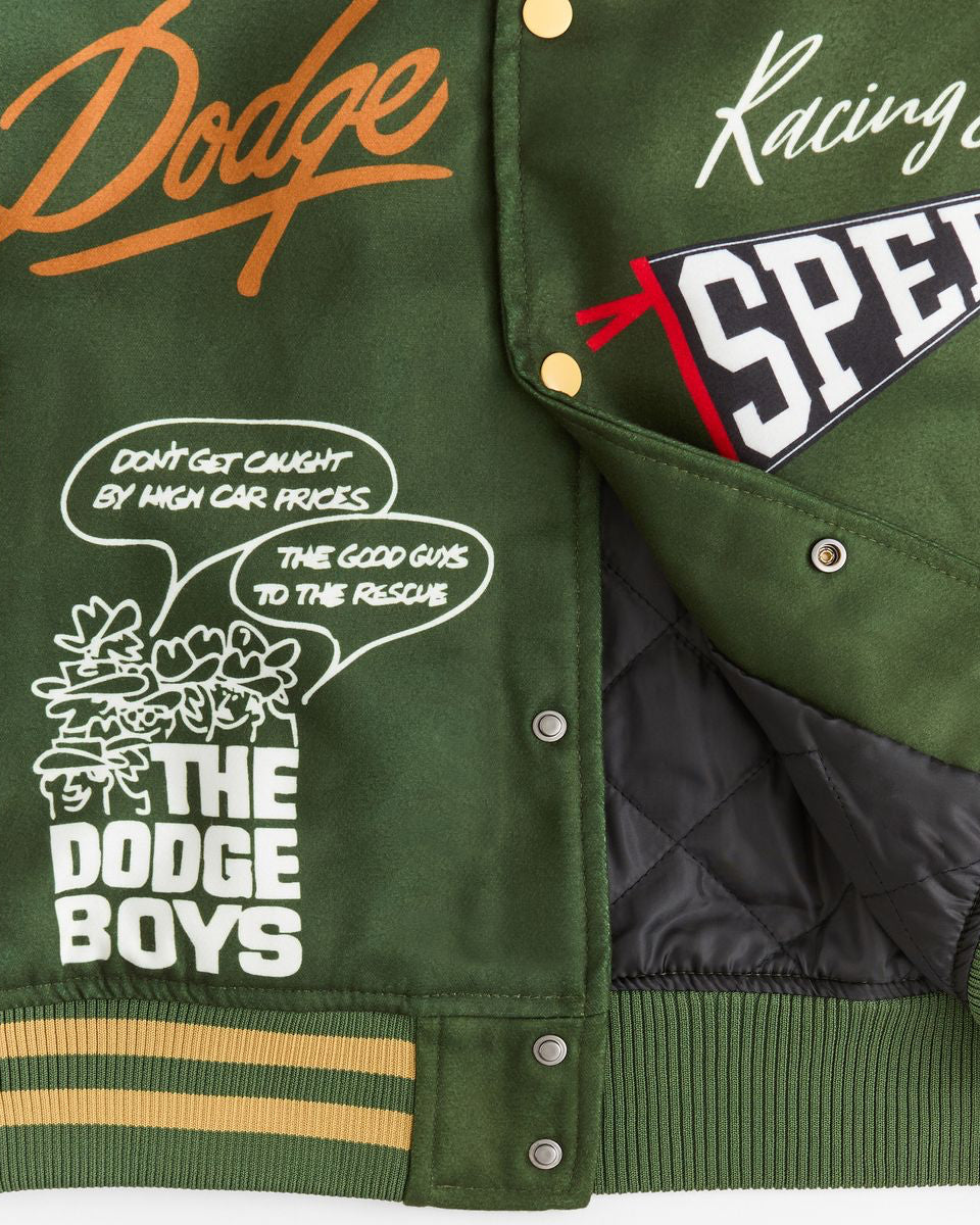 Green jacket with Dodge branding and text on a white background