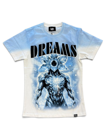 A short-sleeve graphic t-shirt featuring a blue and white tie-dye gradient, with a large black and white 'DREAMS' text print and a blue skeletal flower-headed creature graphic on the front.
