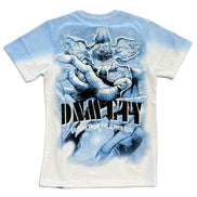 A short-sleeve crewneck t-shirt featuring a large back graphic of the character Murphy from The Addams Family, with a blue and white tie-dye gradient effect fading from the sleeves and collar to a lighter body.