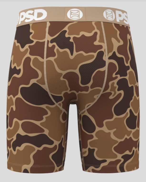 Camouflage-patterned underwear with 'PSD' branding on a white background