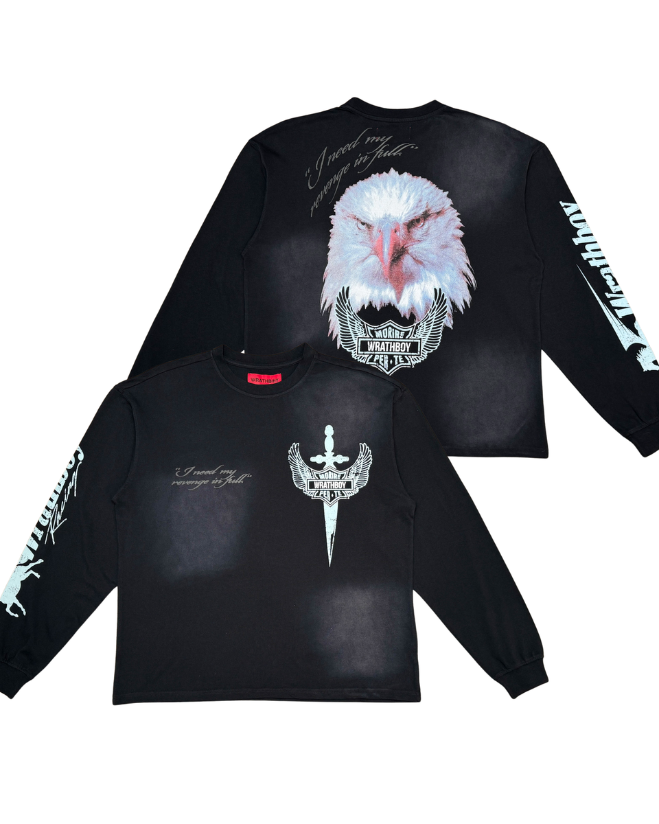 Black long-sleeve shirt with eagle design on a white background