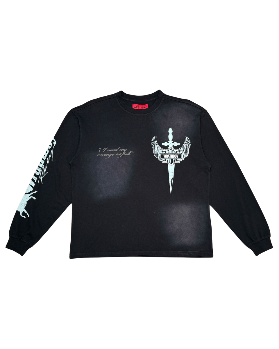 Black long-sleeve shirt with white graphic design on a white background