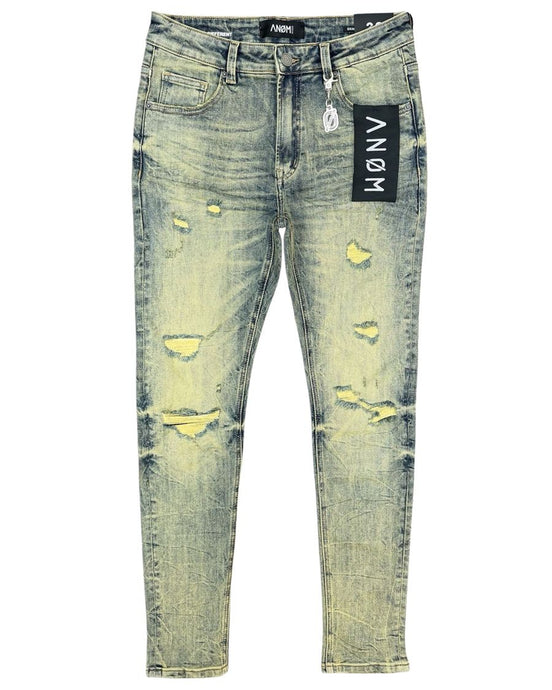 Distressed jeans with a brand label on a white background