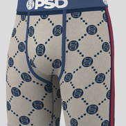 Beige boxer briefs with blue pattern and 'PSD' branding on a gray background