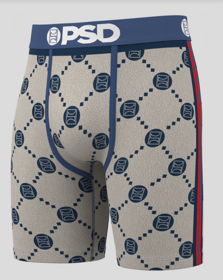 Beige boxer briefs with blue pattern and 'PSD' branding on a gray background