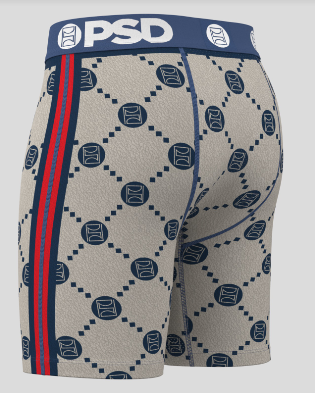 Beige boxer briefs with blue and red pattern and 'PSD' branding on a gray background