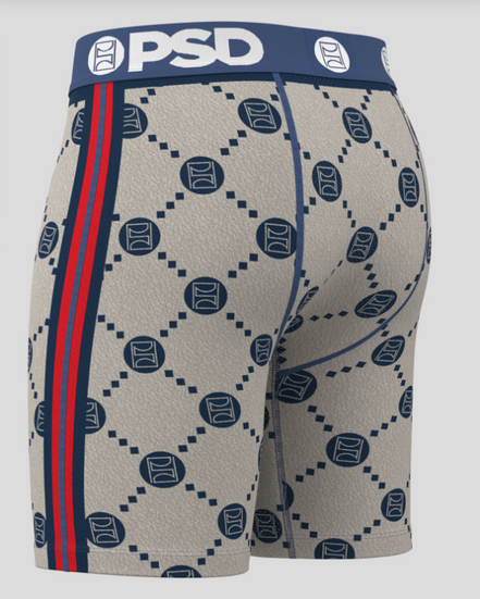 Beige boxer briefs with blue and red pattern and 'PSD' branding on a gray background