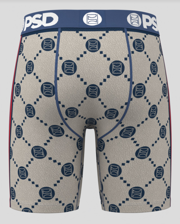 Men's underwear with a pattern and 'PSD' branding on a gray background