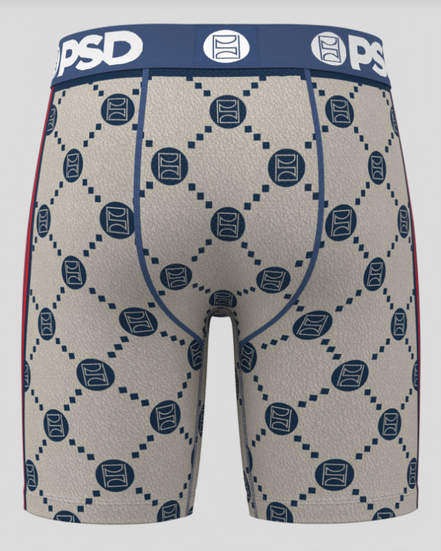 Men's underwear with a pattern and 'PSD' branding on a gray background
