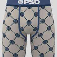Beige boxer briefs with blue logo pattern and 'PSD' branding on a white background