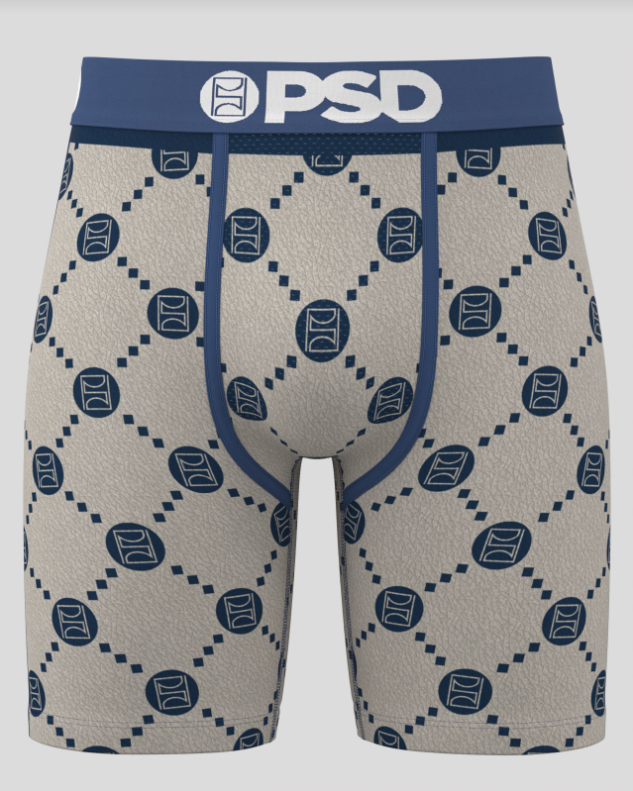 Beige boxer briefs with blue logo pattern and 'PSD' branding on a white background