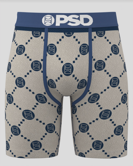 Beige boxer briefs with blue logo pattern and 'PSD' branding on a white background