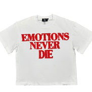 White t-shirt with red text 'EMOTIONS NEVER DIE' on a white background