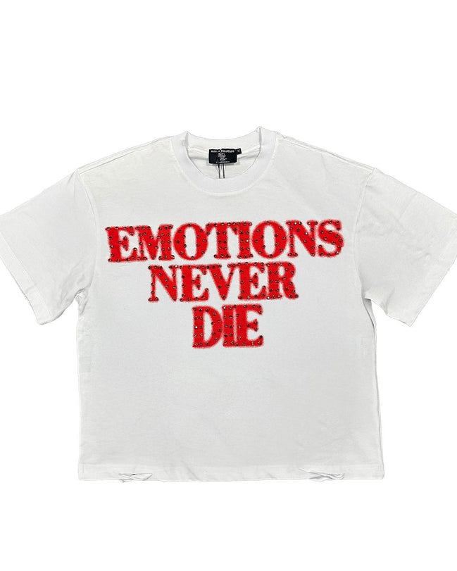 White t-shirt with red text 'EMOTIONS NEVER DIE' on a white background