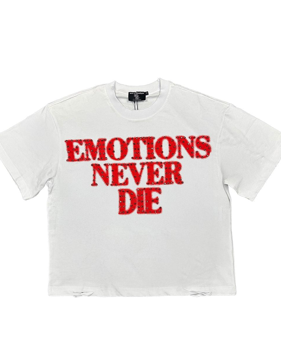 White t-shirt with red text 'EMOTIONS NEVER DIE' on a white background