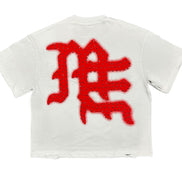 White t-shirt with red graphic design on a white background