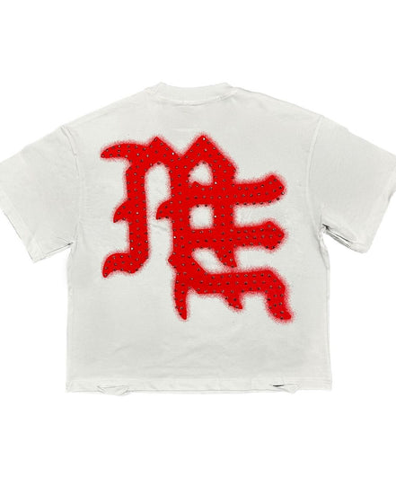White t-shirt with red graphic design on a white background