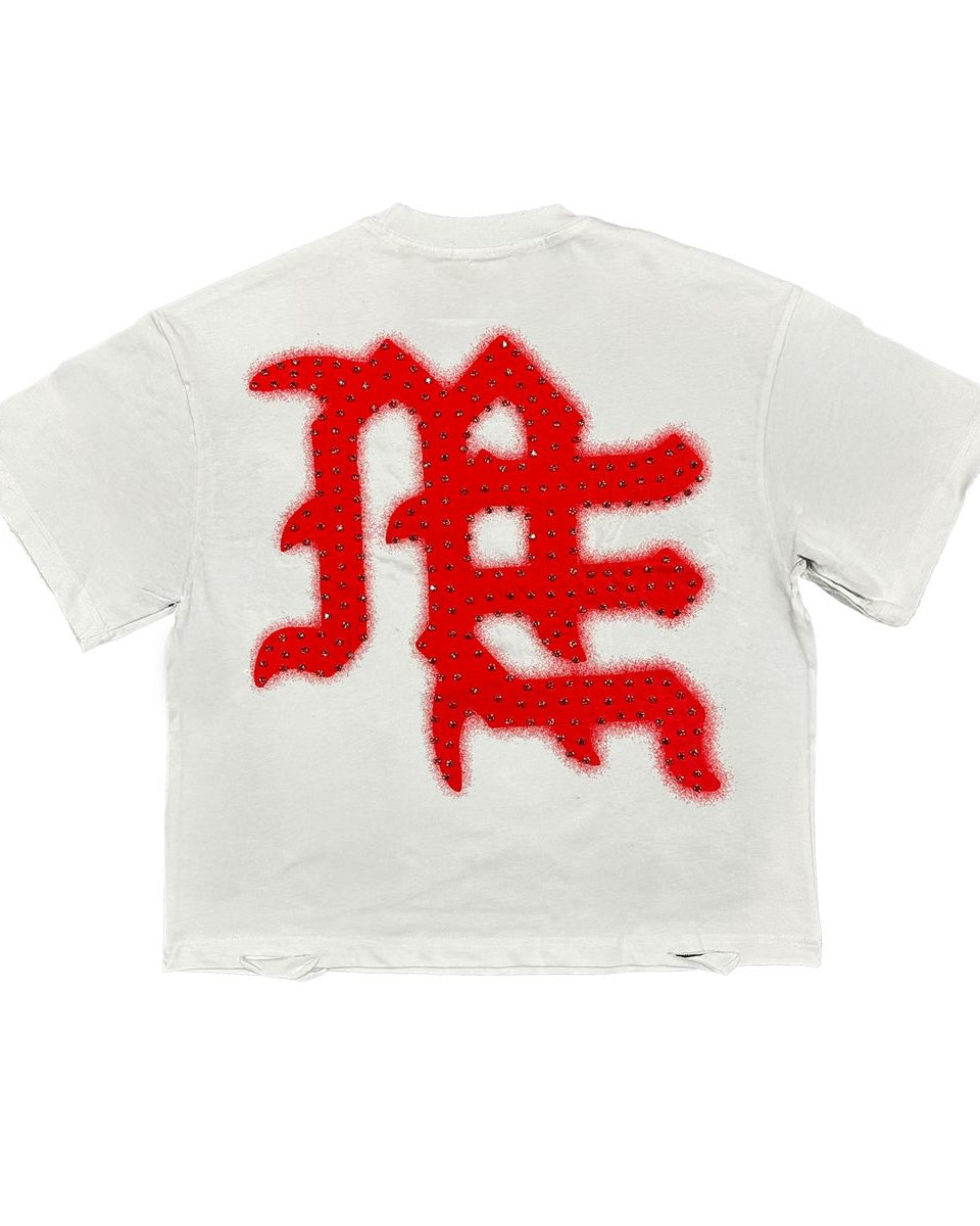 White t-shirt with red graphic design on a white background