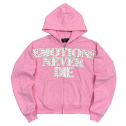 Pink hoodie with text on a white background